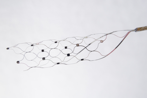 Stentrode mesh scaffold with individual dark electrode contacts and thin wires along its struts, photographed on a pale background with the lead extending to the right.