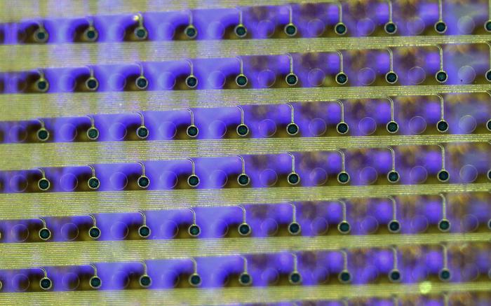Close-up of the physical iEEG microdisplay showing rows of dark electrode contacts, fine gold traces, and lit blue-violet microLEDs.